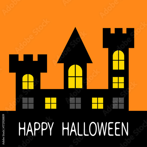 Wallpaper Mural Happy Halloween. Haunted house Dark black castle tower silhouette. Switch on yellow light at the windows, triangle roof. Greeting card. Flat design. Orange background. Isolated. Torontodigital.ca