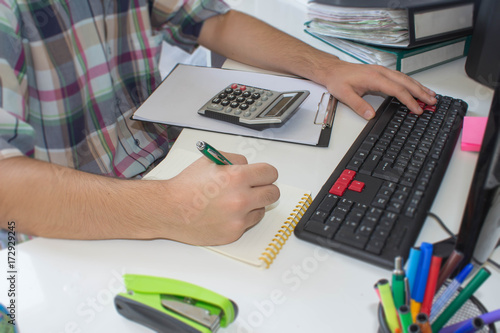 Businessman financial inspector discussing financial graph data on office table