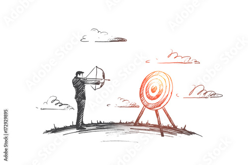 Target concept. Hand drawn man holding target with a dart in the center. Concept of objective attainment isolated vector illustration.