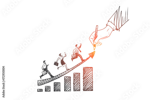 Teamwork concept. Hand drawn men and women moving up. People working together isolated vector illustration.