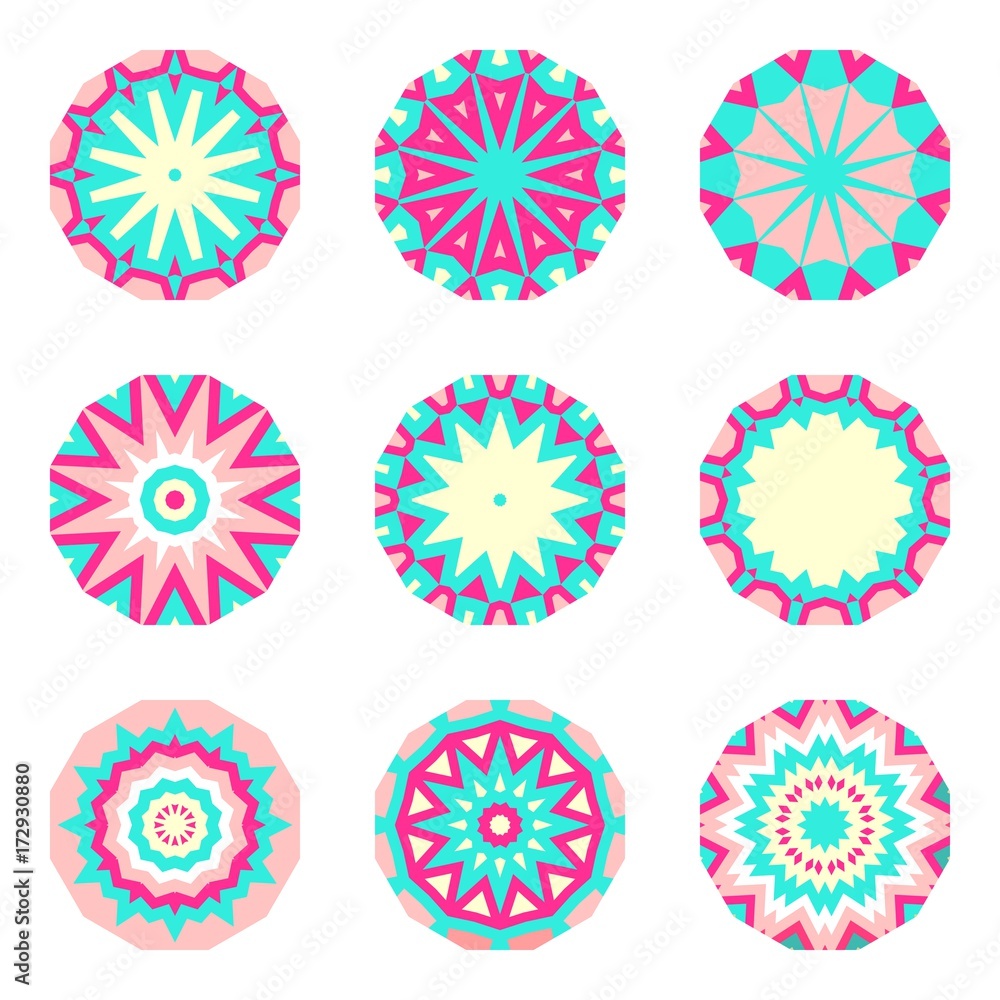 Floral emblems, round decorative ornaments isolated on white, bright colorful mandala patterns set, eastern, islamic, muslim, japanese, indian circular symbols collection. Floral emblems, round decorative ornaments isolated on white, bright colorful mandala patterns set, eastern, islamic, muslim, japanese, indian circular symbols collection.