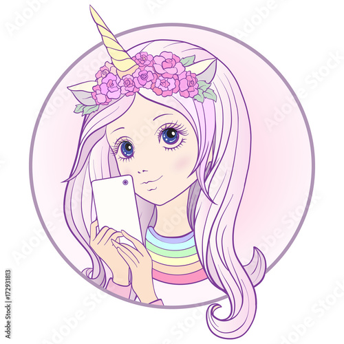Young nice girl with long multi colored pink hear and unicorn ho