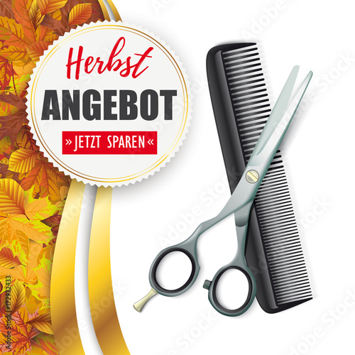 Friseurgeschäft Herbstangebot Flyer mit Haarschere und Haarkam