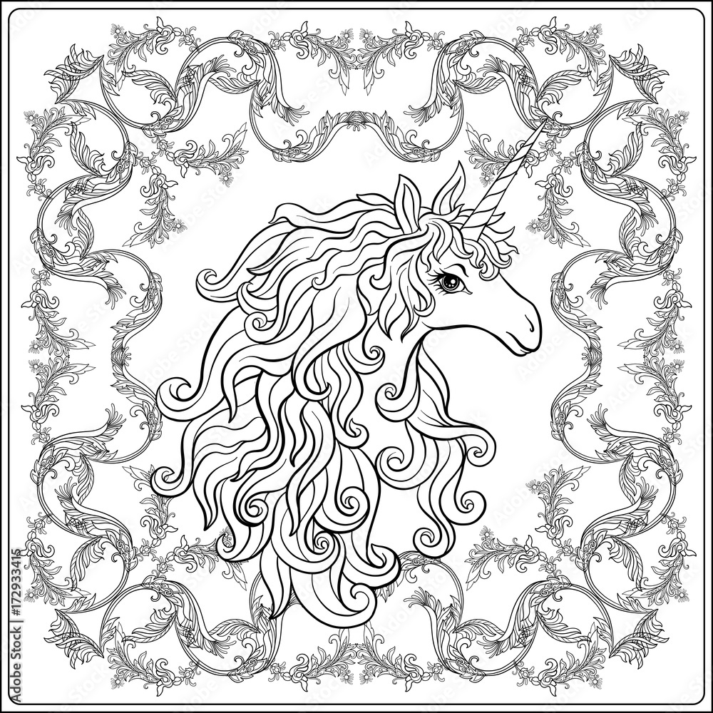 Unicorn in the frame, arabesque in the royal, medieval style. Ou Unicorn in the frame, arabesque in the royal, medieval style. Ou