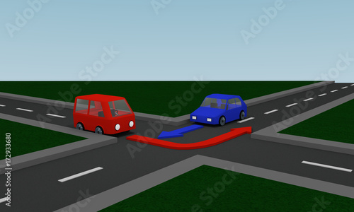 Verkehrssituation: rechts vor links an einer Kreuzung aus perspektivischer Ansicht