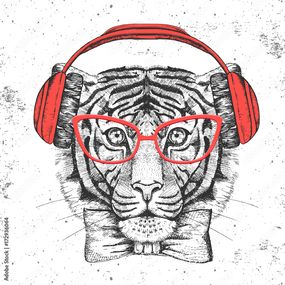 Naklejka premium Hipster animal tiger. Hand drawing Muzzle of tiger