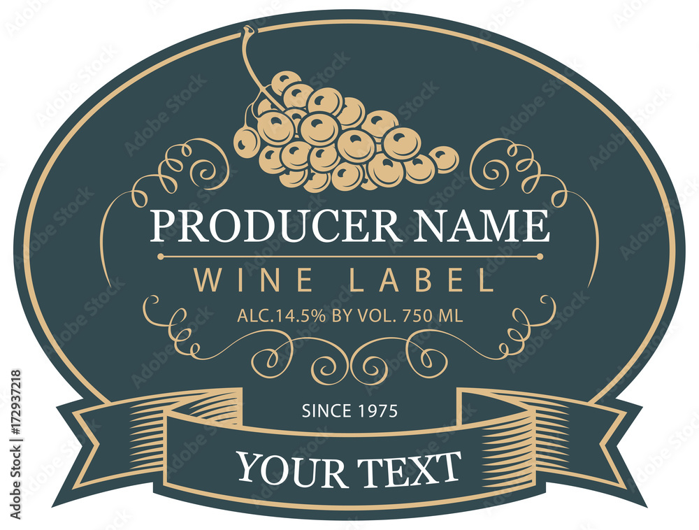 Φωτογραφία Vector label for bottle of wine with bunch of grapes in the oval frame with tape