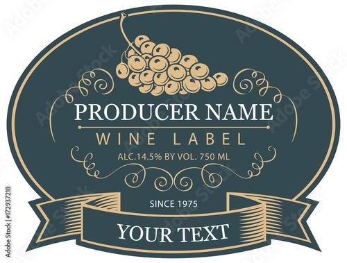 Vector label for bottle of wine with bunch of grapes in the oval frame with tape in a retro style