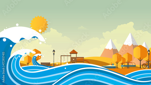 Tsunami, Flood Disaster, Vector Illustration. Overflooded Landscape. Eps 10