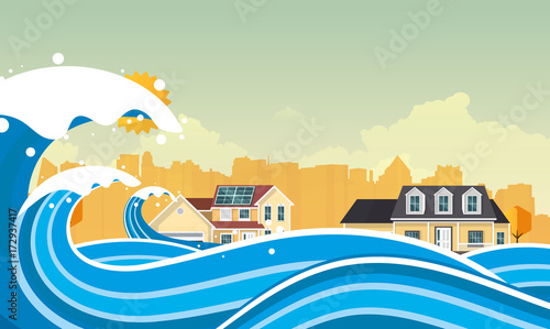 Tsunami, Flood Disaster, Vector Illustration. Overflooded Landscape. Eps 10