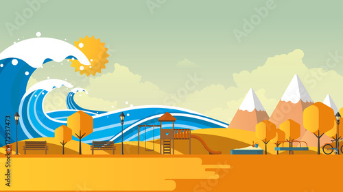 Tsunami, Flood Disaster, Vector Illustration. Overflooded Landscape. Eps 10