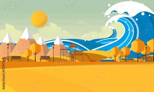 Tsunami, Flood Disaster, Vector Illustration. Overflooded Landscape. Eps 10