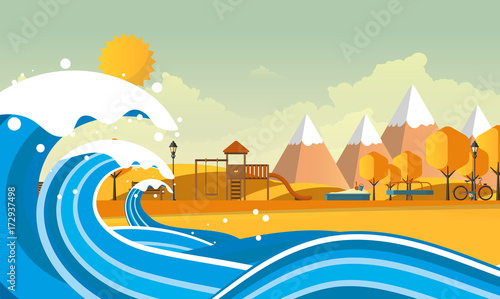 Tsunami, Flood Disaster, Vector Illustration. Overflooded Landscape. Eps 10