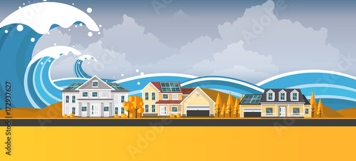 Tsunami, Flood Disaster, Vector Illustration. Overflooded Landscape. Eps 10