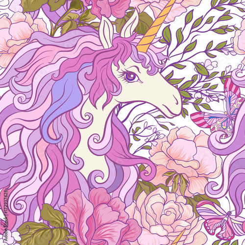 The unicorn, roses and butterflies Seamless pattern in pink, pur