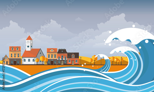 Tsunami, Flood Disaster, Vector Illustration. Overflooded Landscape. Eps 10