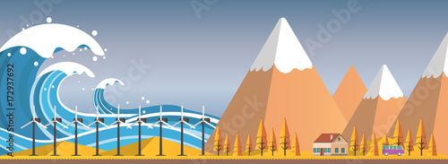 Tsunami, Flood Disaster, Vector Illustration. Overflooded Landscape. Eps 10