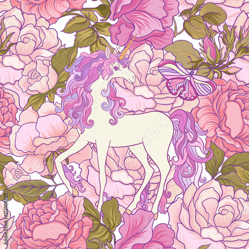 The unicorn, roses and butterflies Seamless pattern in pink, pur