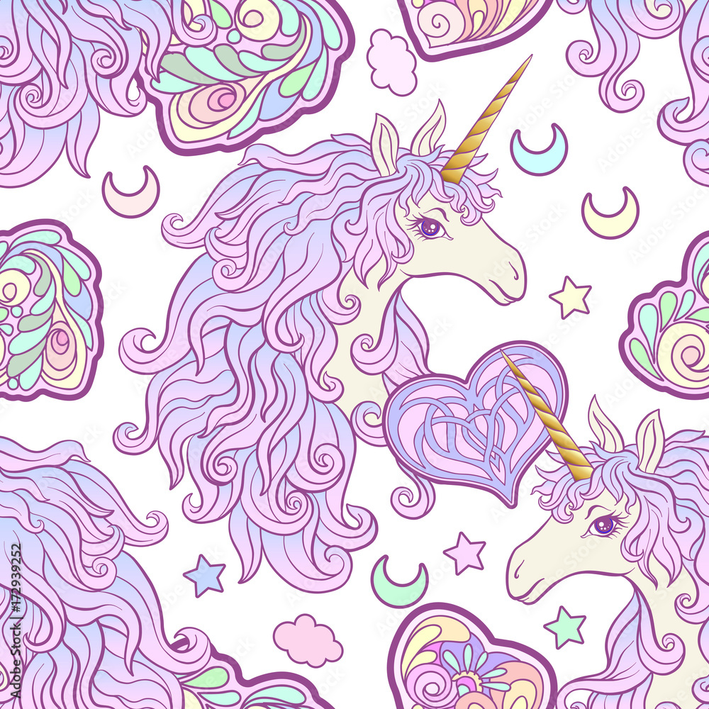 Unicorn with multicolored mane, butterfly rainbow, star. Seamles