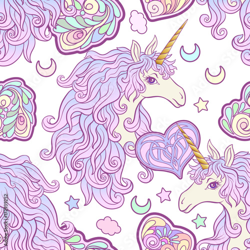 Unicorn with multicolored mane  butterfly rainbow  star. Seamles