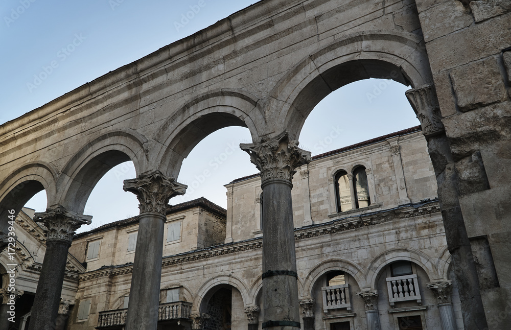 Colonnade of St. Dujma Cathedral in the city of Split, Croatia.