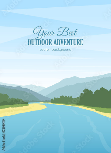 Vector illustration: Vertical Mountains landscape with river, forest and sky
