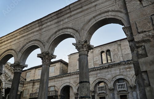 Colonnade of St. Dujma Cathedral in the city of Split, Croatia.