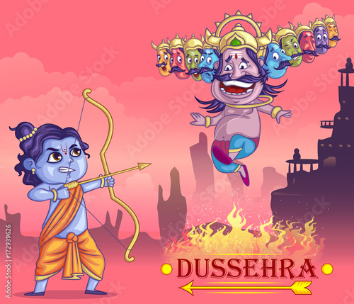 illustration of Lord Rama with bow arrow killing Ravan in Dussehra Navratri festival of India poster