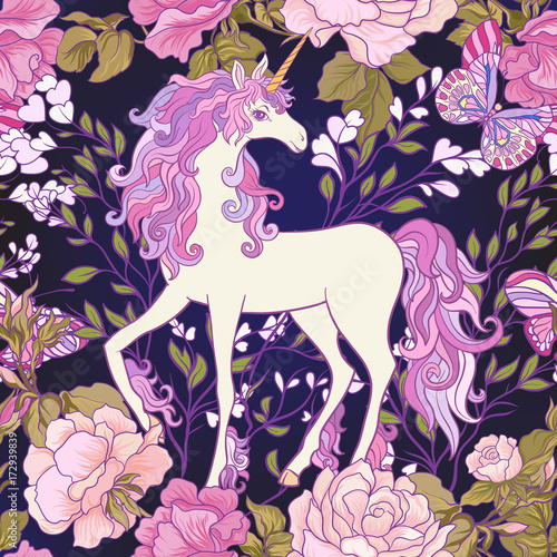 The unicorn, roses and butterflies Seamless pattern in pink, pur