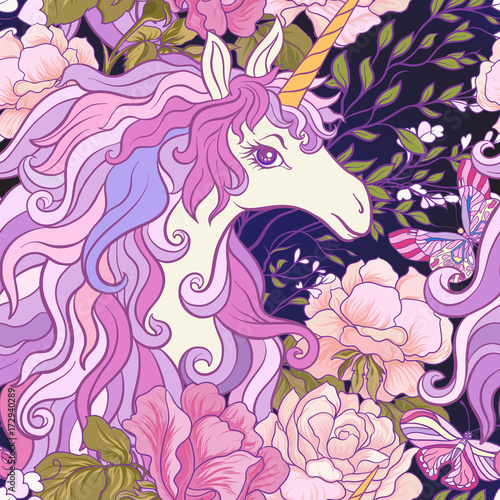 The unicorn, roses and butterflies Seamless pattern in pink, pur