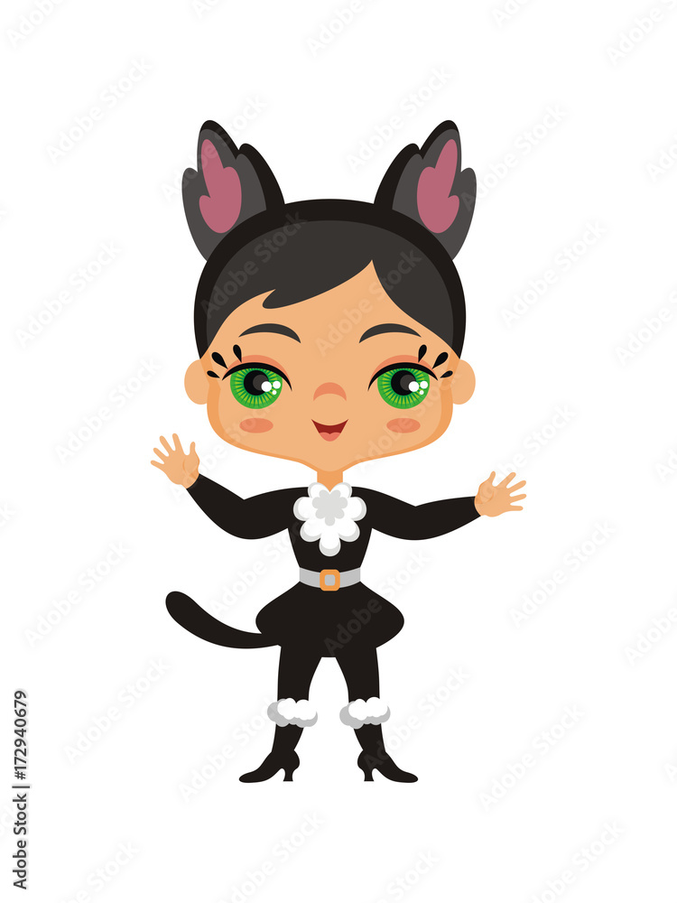 Little girl in costume of a black cat. Vector illustration in cartoon style. Little girl in costume of a black cat. Vector illustration in cartoon style.