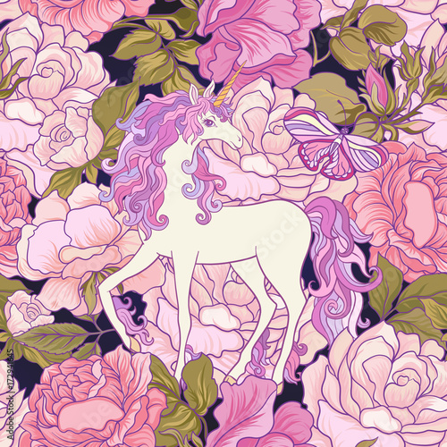The unicorn, roses and butterflies Seamless pattern in pink, pur