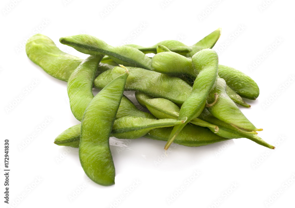 Green soybeans isolated on white background.