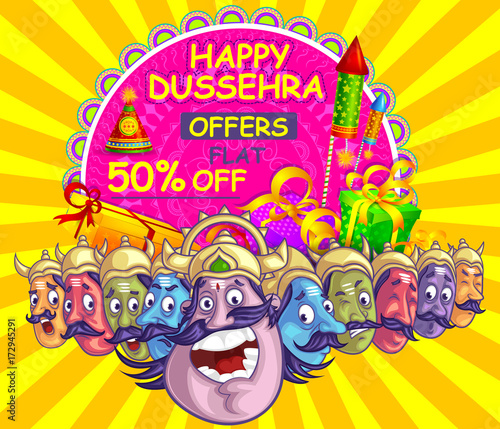 illustration of Lord Rama with bow arrow killing Ravan in Dussehra Navratri festival of India poster