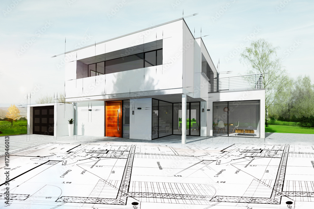 Obraz premium Rysunek domu architekta z planem