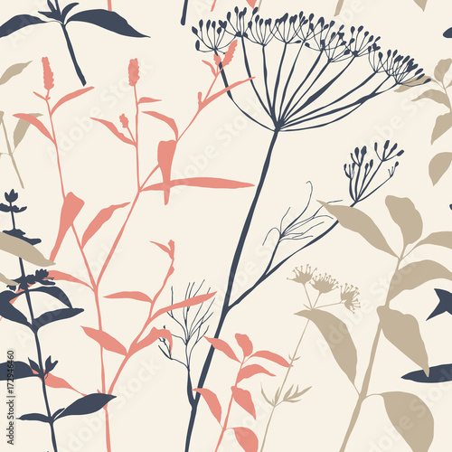 Vector floral seamless pattern with wild meadow flowers, herbs and grasses. T...