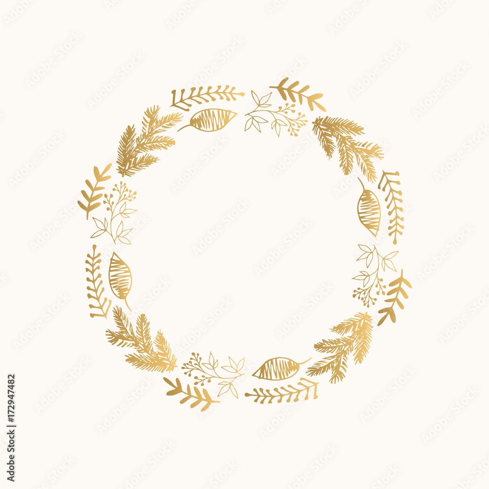 Golden Christmas wreath. Hand drawn vector illustration. Isolated on white. Golden Christmas wreath. Hand drawn vector illustration. Isolated on white.