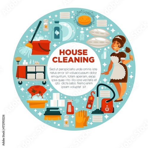 House cleaning poster of housewife housemaid and vector home clean tools