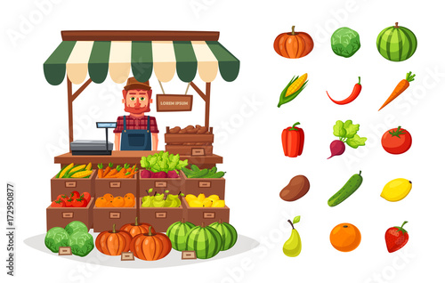 Farm shop. Local stall market. Selling vegetables. Cartoon vector illustration.