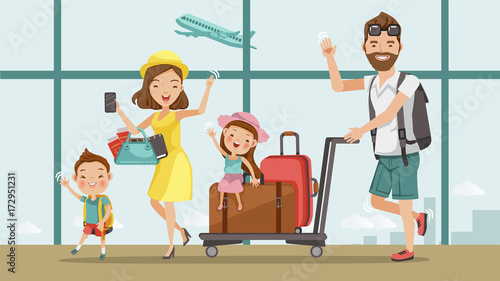 Family travel Family travel. Father ,mother, son and daughter at the airport.Happy family concept. Cartoon Asian Character Family, illustration, vector,Isolated from the background Airport