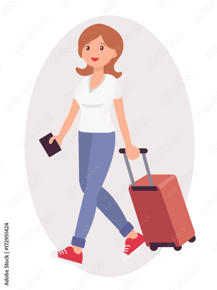 Cartoon character design female tourist with luggage and passport Cartoon character design female tourist with luggage and passport