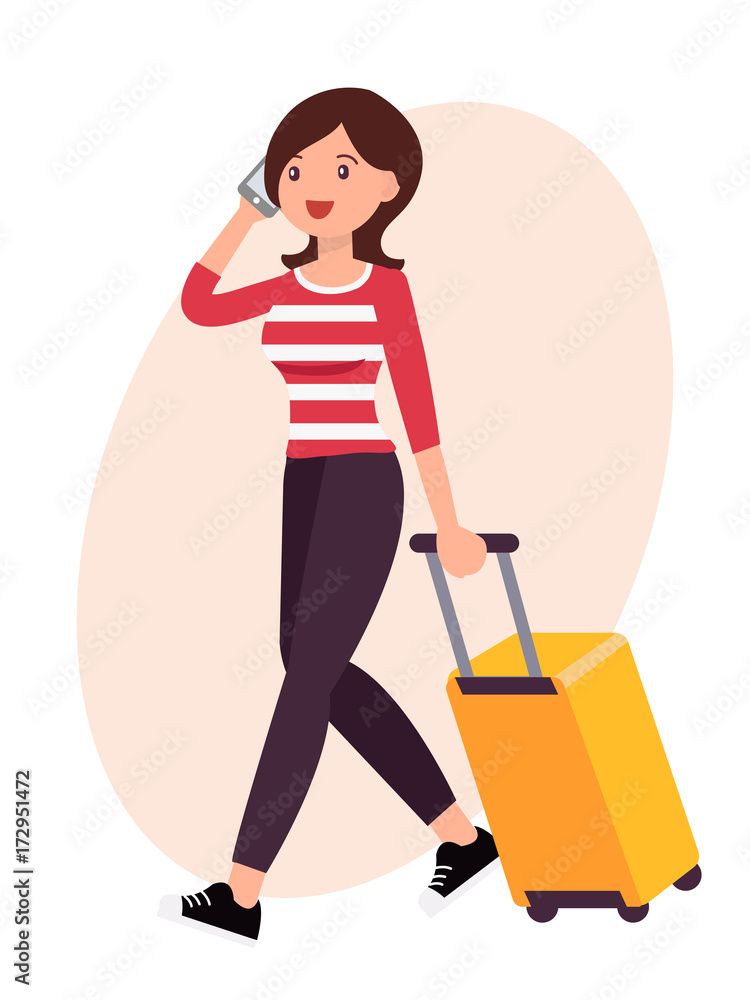 Cartoon character design female woman talking on the phone heading to airport Cartoon character design female woman talking on the phone heading to airport