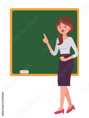 Cartoon character design female school standing in front of blackboard teaching lesson