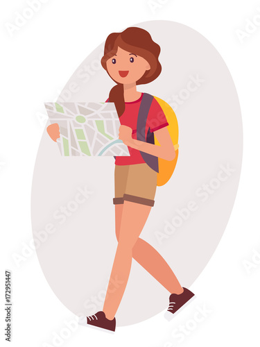 Cartoon character design female young girl backpacker reading map with hiking backpack