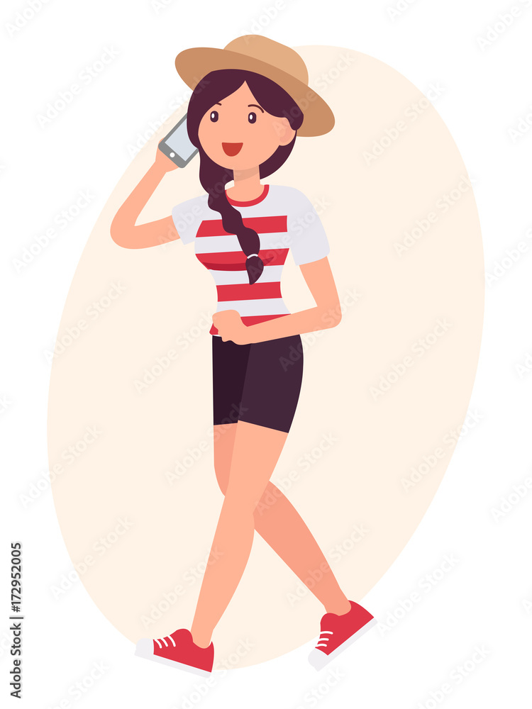 Cartoon character design female woman talk on the smart phone happily Cartoon character design female woman talk on the smart phone happily