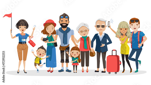 Guide Tour guides and tourist groups big family. Grandfather,grandmother,father,mother,girl,boy, friend,teen and girlfriend at Selfie,carrying a bag, camera,waving and laughing 