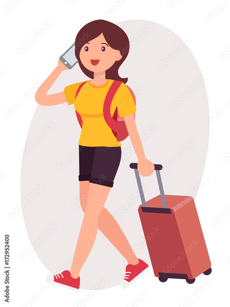 Cartoon character design female talk on the phone travel with luggage Cartoon character design female talk on the phone travel with luggage