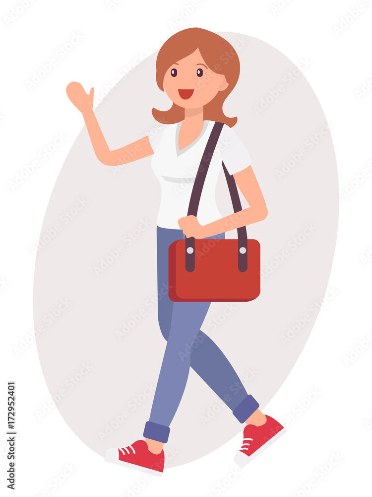 Cartoon character design female woman wave hand greeting with shoulder bag Cartoon character design female woman wave hand greeting with shoulder bag
