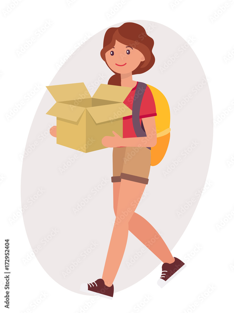 Cartoon character design female woman carry empty paper box with cheerful face Cartoon character design female woman carry empty paper box with cheerful face