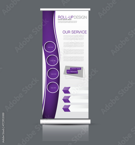 Roll up banner stand template. Abstract background for design,  business, education, advertisement. Vector  illustration. Purple color.